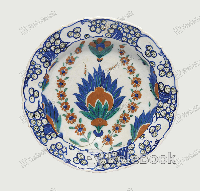 A round, white ceramic plate with a delicate blue floral pattern along the rim, showcasing oriental aesthetics.