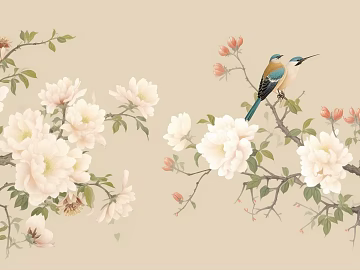 National style new Chinese flower bird peony plant mural wallpaper 3d model