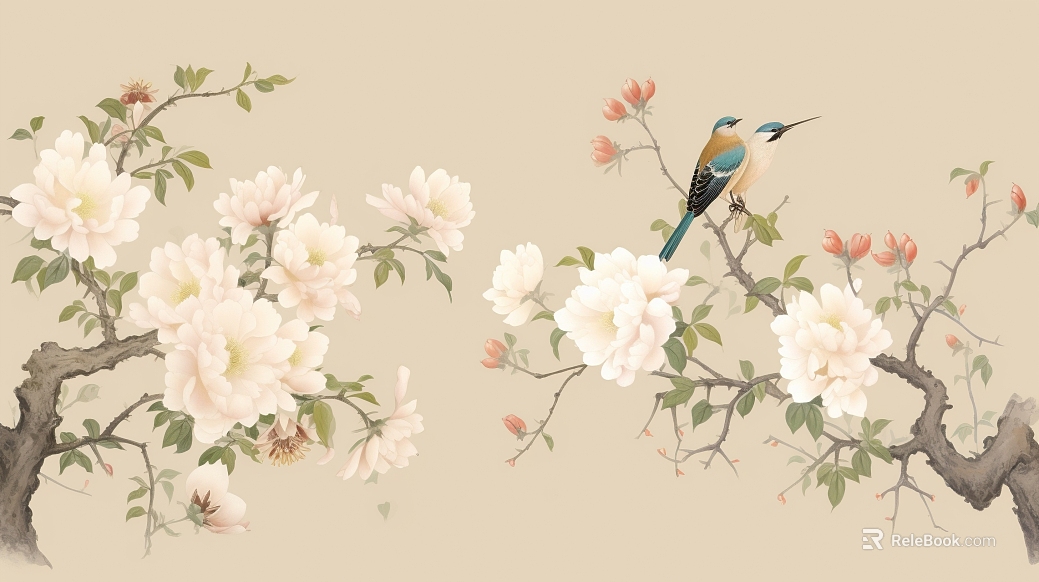 National style new Chinese flower bird peony plant mural wallpaper texture