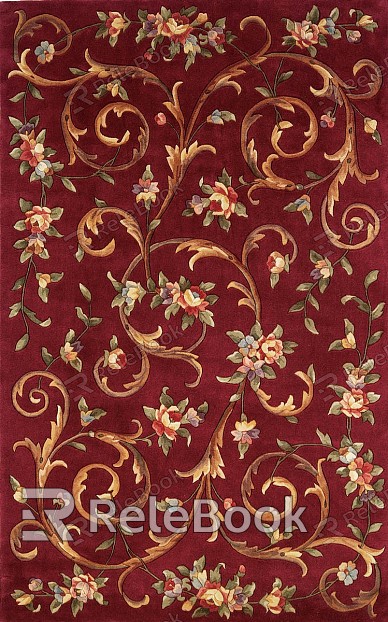 A classical carpet featuring an intricate, symmetrical floral design with a rich, deep red central medallion against a cream backdrop, bordered by ornate patterns in shades of blue, green, and rust.