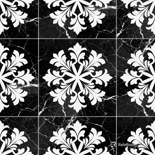 Modern Middle Ancient Style Black and White Stone Parquet Flower Geometric Pattern Water Knife Stone Parquet Floor Tile Light Luxury Black and White Parquet Marble texture