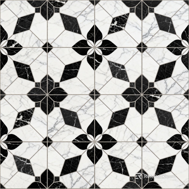 Modern Simple Antique Black and White Stone Parquet Flower Geometric Pattern Water Knife Cut Parquet Floor Tile Light Luxury Black and White Parquet Marble texture