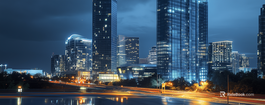 Night view of high-rise buildings and roads in modern residential area texture