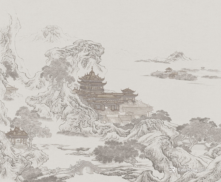 Chinese light gray landscape building wallpaper background wall texture