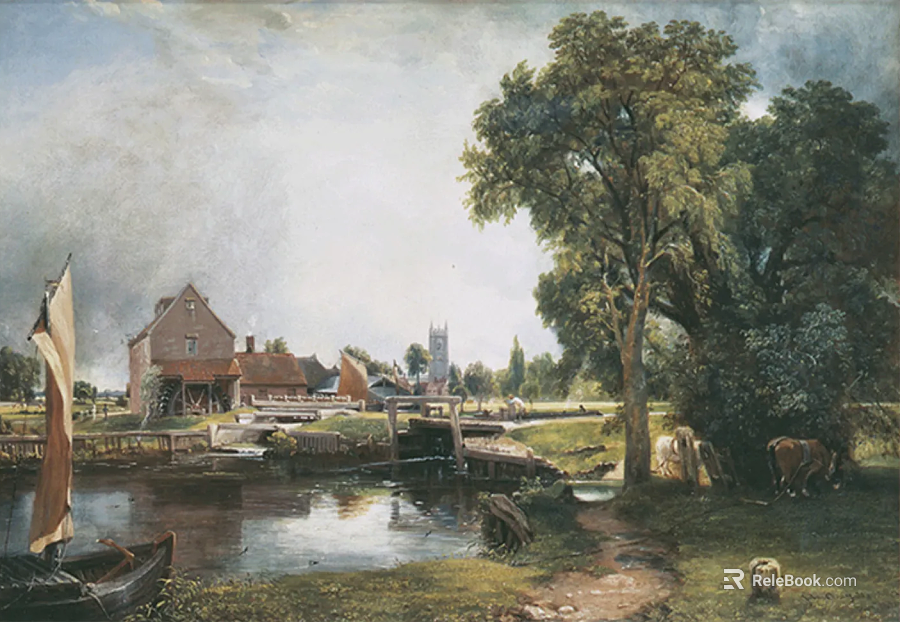 Realistic rural riverside landscape painting texture