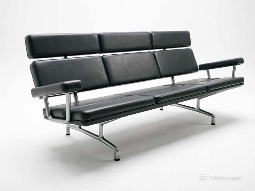 Black Fine Grain Leather Modern Three-Seat Sofa texture