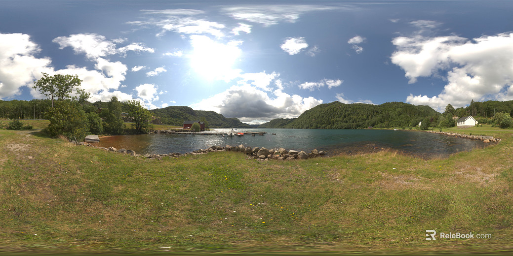 Outdoor Lakeside Mountain Lawn Blue Sky White Clouds HDR texture