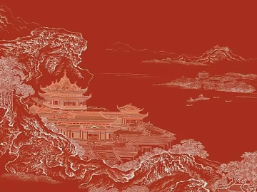 Chinese style pavilion landscape decorative painting with red background texture (ID:ffaeh370546)