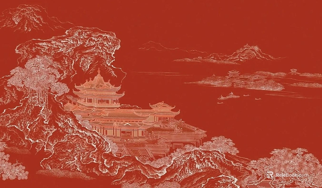 Chinese style pavilion landscape decorative painting with red background texture