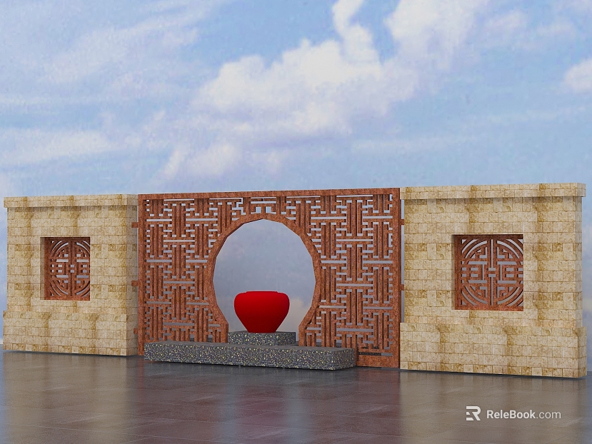 New Chinese Beige Brick Wall Wood Carved Partition texture