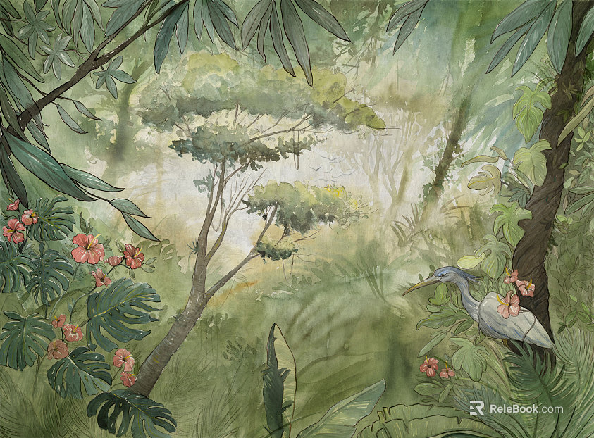 Hand painted forest flora and fauna wallpaper texture