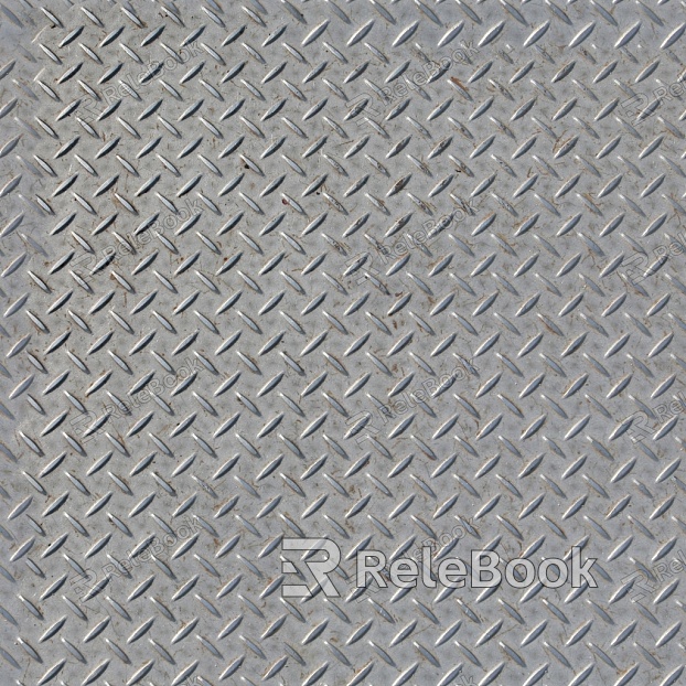 The image depicts a section of diamond plate, characterized by its distinctive raised diamond pattern on a flat surface, typically used for slip-resistant flooring or decorative purposes. It's metallic, exhibiting a silver hue with reflections, suggesting it might be made of aluminum or steel.