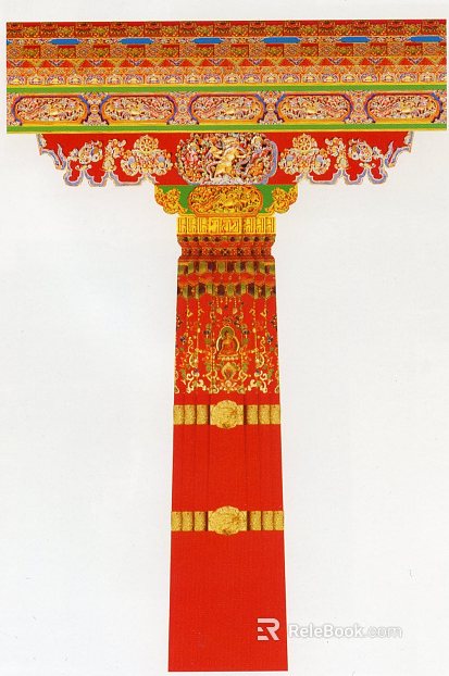 Chinese red gold color painting beam column ancient architectural components texture