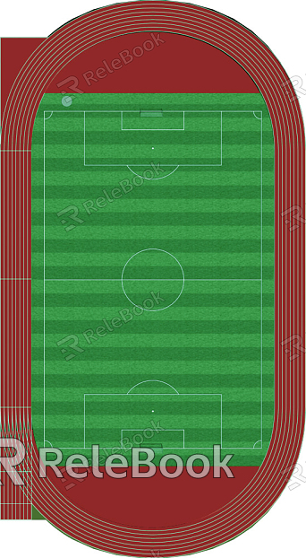 A vast, lush green football field stretches across the image, marked with white lines delineating the play area. At either end, goalposts stand tall, ready for action. Surrounding the field, rows of empty stadium seats await eager spectators.