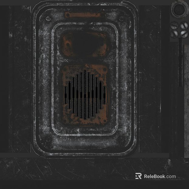 Industrial black rust-colored sheet metal hatch panel texture