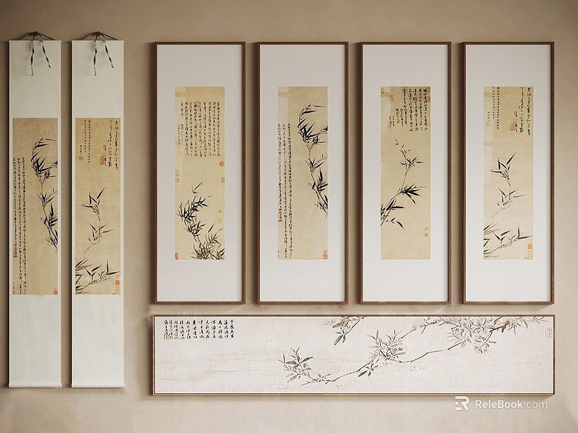 Chinese Bamboo Branch Calligraphy Decorative Painting Living Room Hanging Painting texture
