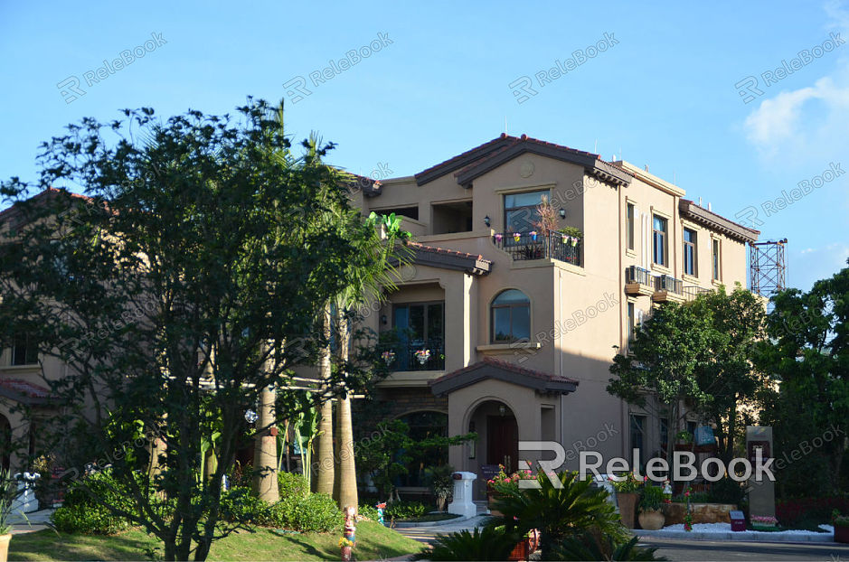 A tranquil courtyard features a lush, verdant garden with neatly trimmed hedges, vibrant flowers, and a stone path leading to an elegant, arched entrance framed by climbing vines.