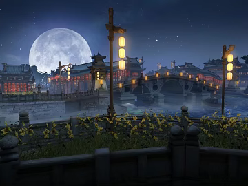 Blues Moon Night Chinese Ancient Building Scene texture (ID:ffaeh589589)