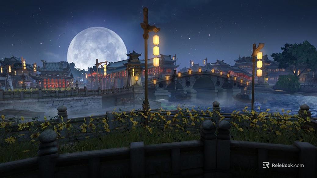 Blues Moon Night Chinese Ancient Building Scene texture