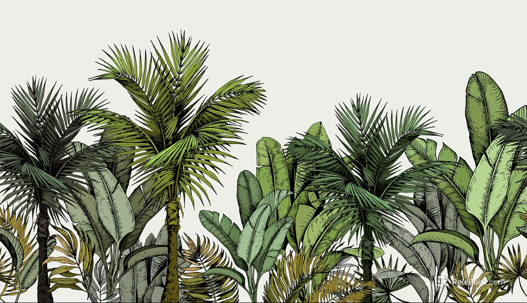 Tropical plants hand-painted background wall texture