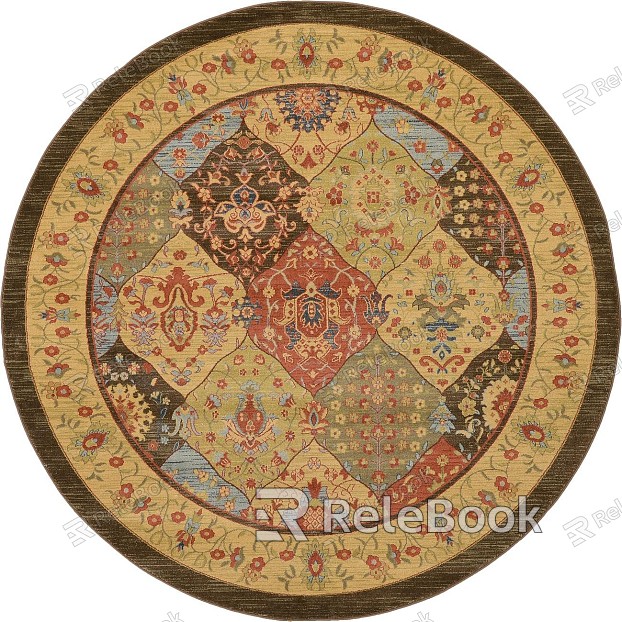 A round carpet featuring an intricate, concentric geometric pattern in earthy tones of brown, beige, and off-white, woven with a textured, looped-pile construction for added depth and visual interest.