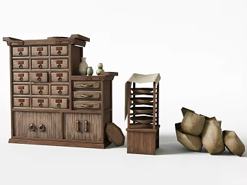 Chinese-style Brown Wood Chinese Medicine Cabinet Pharmacy Furniture 3d model