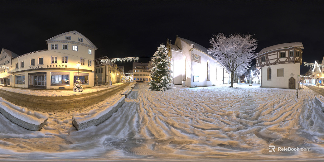European-style small town winter snow night view HDR texture
