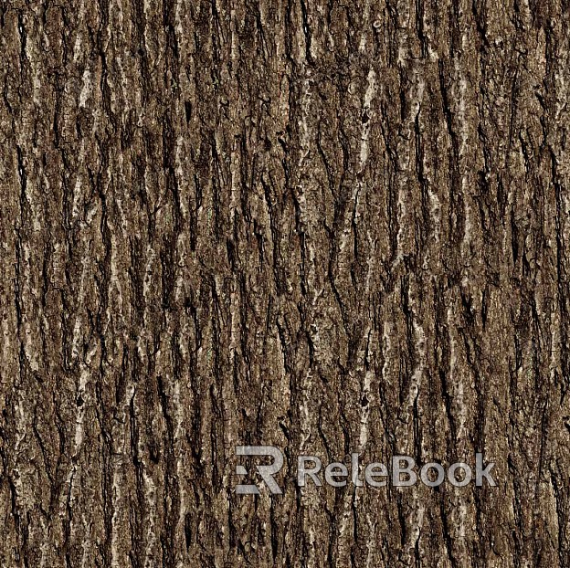 A close-up of a weathered, brown tree bark with deep, vertical cracks and moss growth, set against a blurred green foliage background.