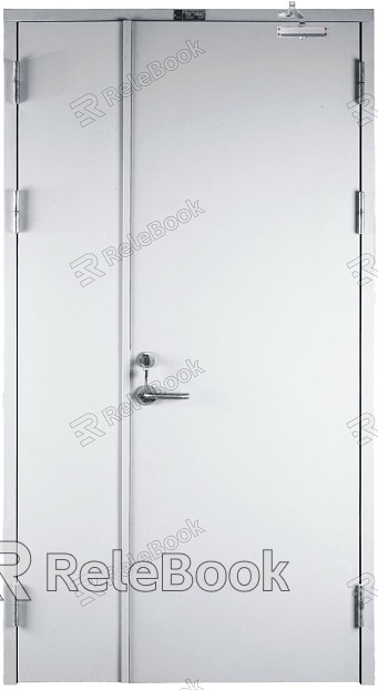 The image depicts a sturdy, industrial metal door with a smooth, silver surface, featuring rivets and horizontal lines, closed with a simple handle on the right side.